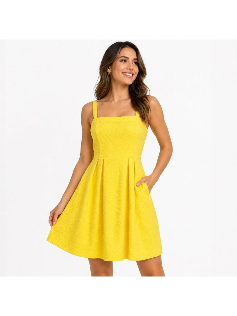 Ann Taylor LOFT Womens Dress Yellow Fit And Flare Textured Cotton Stretch Size 0